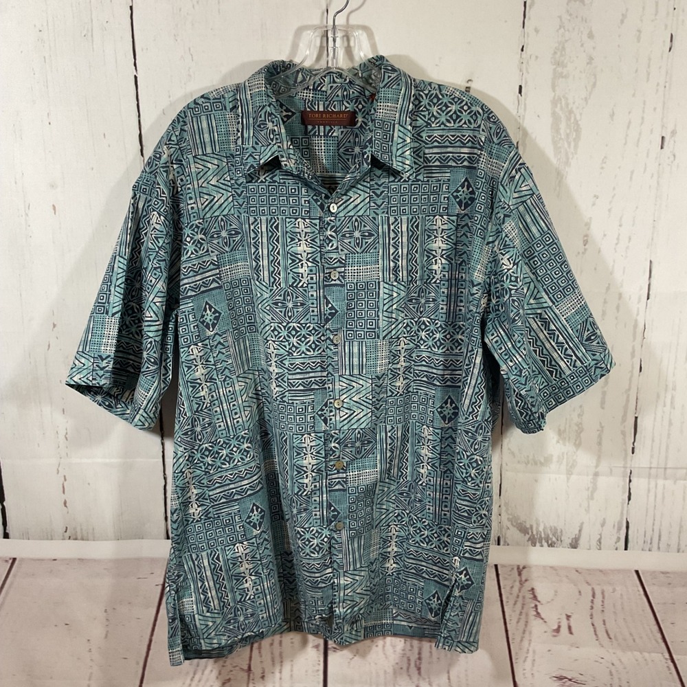 Tori Richard Hawaiian Shirt Men XL Blue Button Up Cotton Resort Tribal Cocktail